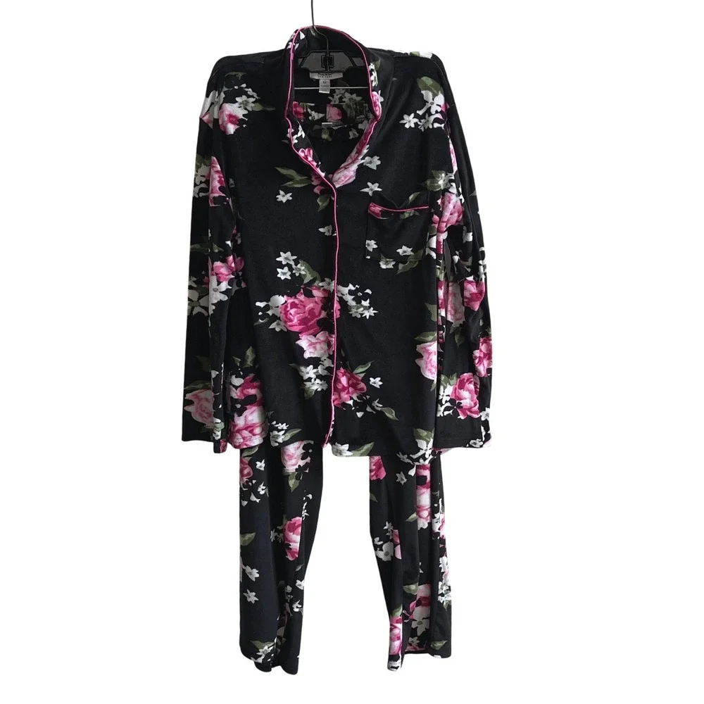 Nicole Miller Pajama Set Womens M Black Pink Floral Fleece Button Down Sleepwear